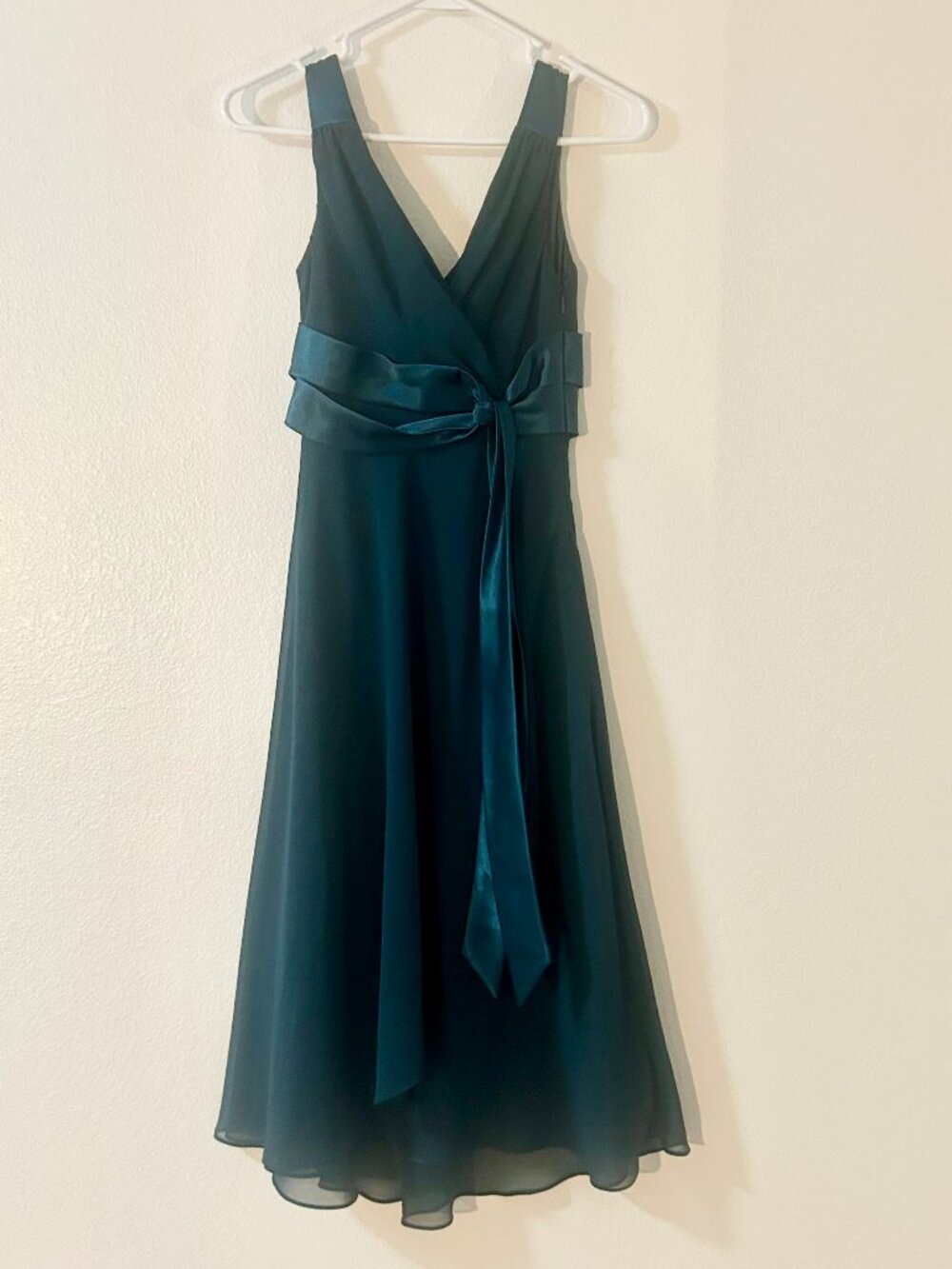 Evan Picone Dark Green Chiffon V-Neck Cocktail Dress Satin Tie A-Line 2P